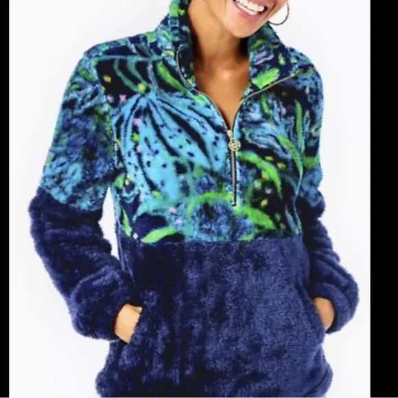 Lilly Pulitzer Keala Sherpa Popover Patterned Jacket Blue and Green - Picture 1 of 7